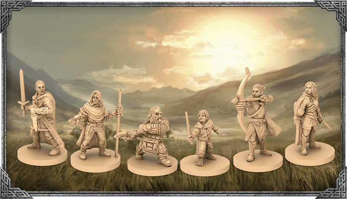 Miniaturen der Spielerhelden aus dem Brettspiel "Der Herr der Ringe - Reise durch Mittelerde" von Asmodee
